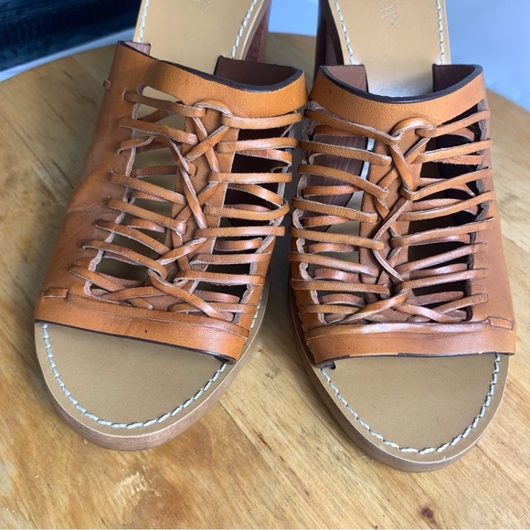 J. CREW Sandals Womens Sz 7.5 Marlow Tan Brown Woven Huarache Mule Heel Leather - Picture 4 of 11
